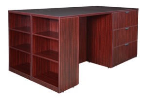 Legacy Stand Up 2 Lateral File/ 2 Desk Quad with Bookcase End - Mahogany