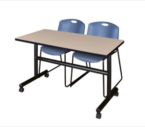 Kobe 48" Flip Top Mobile Training Table - Beige & 2 Zeng Stack Chairs - Blue