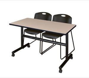 Kobe 48" Flip Top Mobile Training Table - Beige & 2 Zeng Stack Chairs - Black