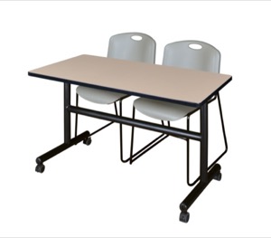 Kobe 48" Flip Top Mobile Training Table - Beige & 2 Zeng Stack Chairs - Grey