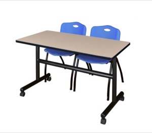 Kobe 48" Flip Top Mobile Training Table - Beige & 2 'M' Stack Chairs - Blue