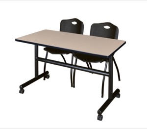 Kobe 48" Flip Top Mobile Training Table - Beige & 2 'M' Stack Chairs - Black