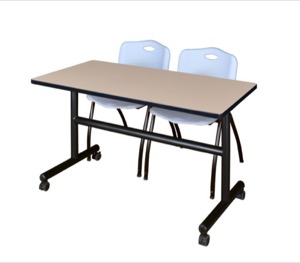 Kobe 48" Flip Top Mobile Training Table - Beige & 2 'M' Stack Chairs - Grey