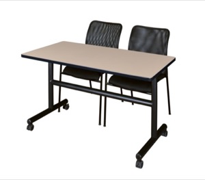 Kobe 48" Flip Top Mobile Training Table - Beige & 2 Mario Stack Chairs - Black