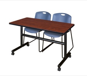 Kobe 48" Flip Top Mobile Training Table - Cherry & 2 Zeng Stack Chairs - Blue