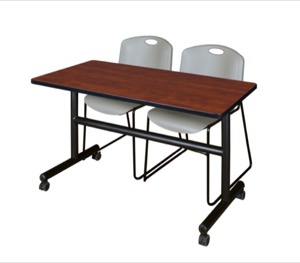 Kobe 48" Flip Top Mobile Training Table - Cherry & 2 Zeng Stack Chairs - Grey