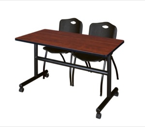 Kobe 48" Flip Top Mobile Training Table - Cherry & 2 'M' Stack Chairs - Black
