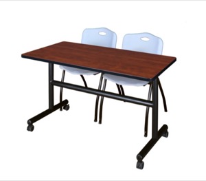 Kobe 48" Flip Top Mobile Training Table - Cherry & 2 'M' Stack Chairs - Grey