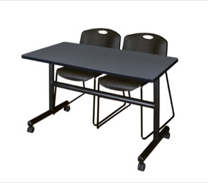 Kobe 48" Flip Top Mobile Training Table - Grey & 2 Zeng Stack Chairs - Black