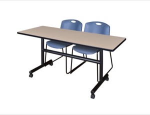60" x 30" Flip Top Mobile Training Table - Beige and 2 Zeng Stack Chairs - Blue