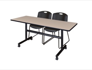 60" x 30" Flip Top Mobile Training Table - Beige and 2 Zeng Stack Chairs - Black