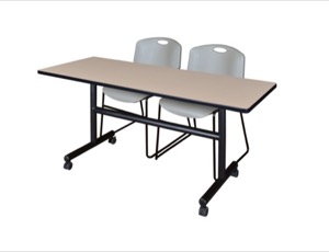 60" x 30" Flip Top Mobile Training Table - Beige and 2 Zeng Stack Chairs - Grey
