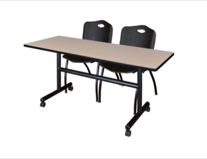 60" x 30" Flip Top Mobile Training Table - Beige and 2 "M" Stack Chairs - Black