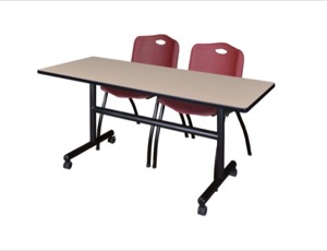 60" x 30" Flip Top Mobile Training Table - Beige and 2 "M" Stack Chairs - Burgundy