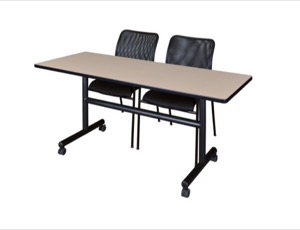 60" x 30" Flip Top Mobile Training Table - Beige and 2 Mario Stack Chairs - Black