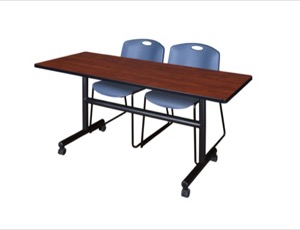60" x 30" Flip Top Mobile Training Table - Cherry and 2 Zeng Stack Chairs - Blue