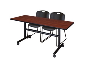 60" x 30" Flip Top Mobile Training Table - Cherry and 2 Zeng Stack Chairs - Black