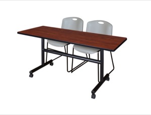 60" x 30" Flip Top Mobile Training Table - Cherry and 2 Zeng Stack Chairs - Grey
