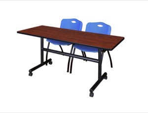 60" x 30" Flip Top Mobile Training Table - Cherry and 2 "M" Stack Chairs - Blue
