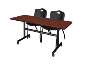 60" x 30" Flip Top Mobile Training Table - Cherry and 2 "M" Stack Chairs - Black