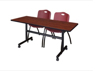 60" x 30" Flip Top Mobile Training Table - Cherry and 2 "M" Stack Chairs - Burgundy