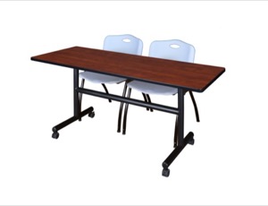 60" x 30" Flip Top Mobile Training Table - Cherry and 2 "M" Stack Chairs - Grey