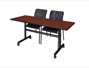 60" x 30" Flip Top Mobile Training Table - Cherry and 2 Mario Stack Chairs - Black