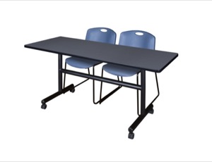 60" x 30" Flip Top Mobile Training Table - Grey and 2 Zeng Stack Chairs - Blue