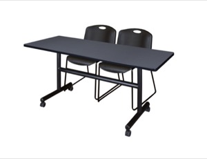 60" x 30" Flip Top Mobile Training Table - Grey and 2 Zeng Stack Chairs - Black