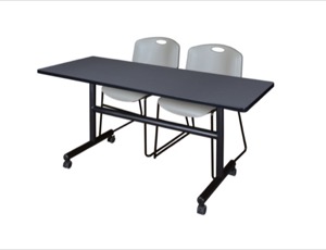 60" x 30" Flip Top Mobile Training Table - Grey and 2 Zeng Stack Chairs - Grey