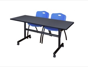 60" x 30" Flip Top Mobile Training Table - Grey and 2 "M" Stack Chairs - Blue