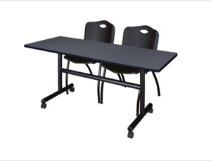 60" x 30" Flip Top Mobile Training Table - Grey and 2 "M" Stack Chairs - Black