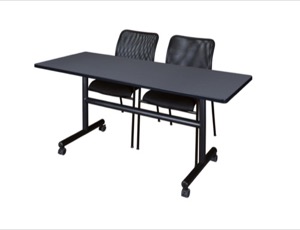 60" x 30" Flip Top Mobile Training Table - Grey and 2 Mario Stack Chairs - Black