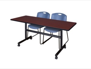 60" x 30" Flip Top Mobile Training Table - Mahogany and 2 Zeng Stack Chairs - Blue
