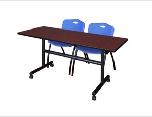 60" x 30" Flip Top Mobile Training Table - Mahogany and 2 "M" Stack Chairs - Blue