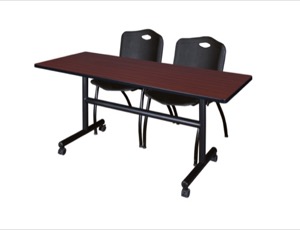 60" x 30" Flip Top Mobile Training Table - Mahogany and 2 "M" Stack Chairs - Black