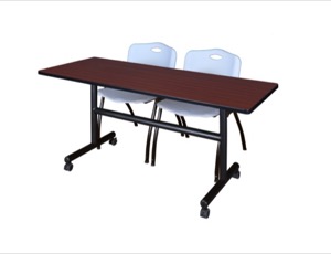 60" x 30" Flip Top Mobile Training Table - Mahogany and 2 "M" Stack Chairs - Grey