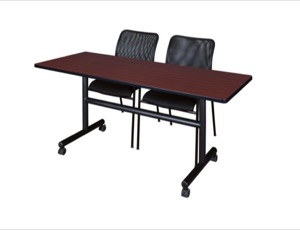 60" x 30" Flip Top Mobile Training Table - Mahogany and 2 Mario Stack Chairs - Black