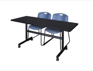 60" x 30" Flip Top Mobile Training Table - Mocha Walnut and 2 Zeng Stack Chairs - Blue