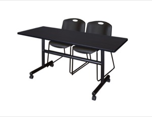 60" x 30" Flip Top Mobile Training Table - Mocha Walnut and 2 Zeng Stack Chairs - Black