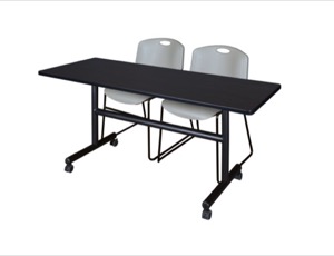 60" x 30" Flip Top Mobile Training Table - Mocha Walnut and 2 Zeng Stack Chairs - Grey