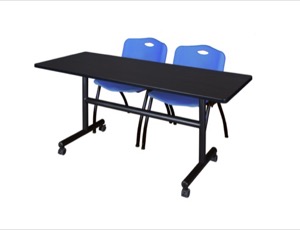 60" x 30" Flip Top Mobile Training Table - Mocha Walnut and 2 "M" Stack Chairs - Blue