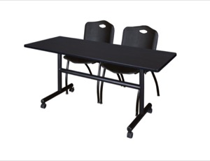60" x 30" Flip Top Mobile Training Table - Mocha Walnut and 2 "M" Stack Chairs - Black