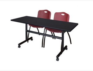 60" x 30" Flip Top Mobile Training Table - Mocha Walnut and 2 "M" Stack Chairs - Burgundy