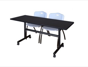 60" x 30" Flip Top Mobile Training Table - Mocha Walnut and 2 "M" Stack Chairs - Grey
