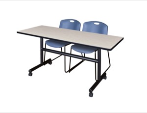 60" x 30" Flip Top Mobile Training Table - Maple and 2 Zeng Stack Chairs - Blue
