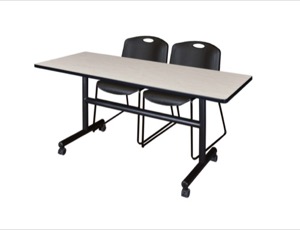 60" x 30" Flip Top Mobile Training Table - Maple and 2 Zeng Stack Chairs - Black