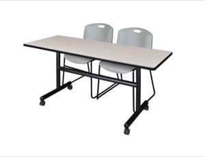60" x 30" Flip Top Mobile Training Table - Maple and 2 Zeng Stack Chairs - Grey
