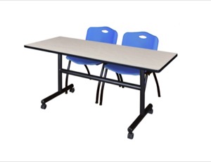 60" x 30" Flip Top Mobile Training Table - Maple and 2 "M" Stack Chairs - Blue