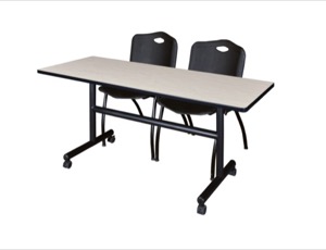 60" x 30" Flip Top Mobile Training Table - Maple and 2 "M" Stack Chairs - Black